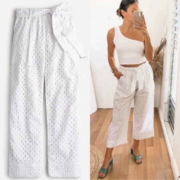 NWT J. Crew Women’s Tie-Waist Eyelet Pants Crop High Rise Straight Leg White 4 - Picture 1 of 14
